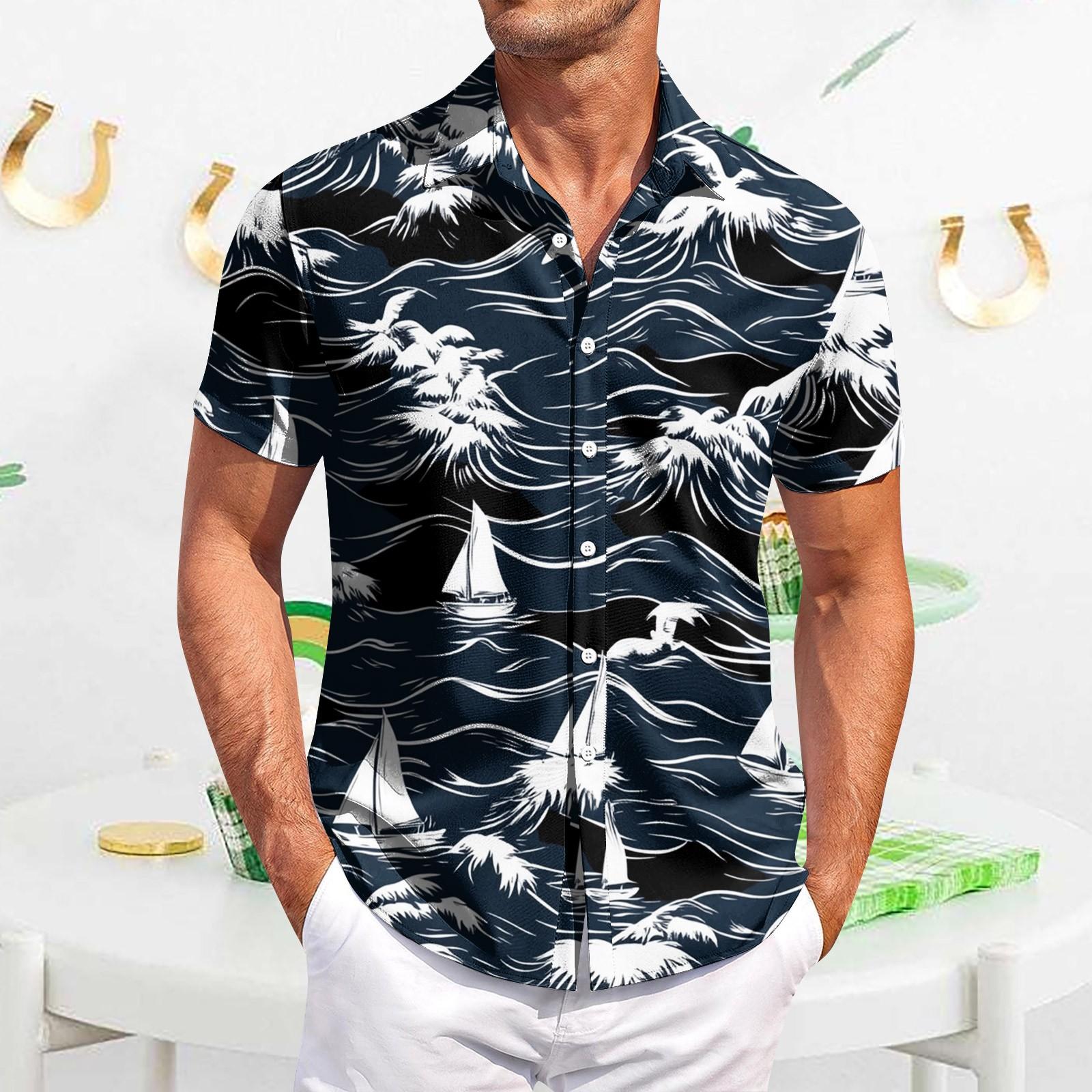 

Мужская повседневная рубашка с короткими рукавами, облегающая, стильная, с гавайским принтом XL тёмно-синий