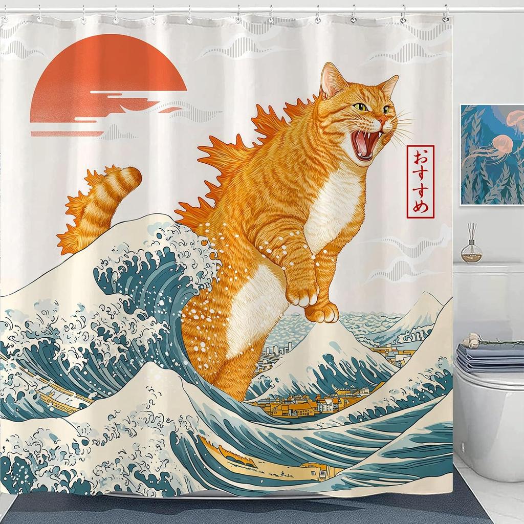 Artistic Cat Shower Curtain Set Iconic Wave Design Waterproof Bathroom Shower Curtain Japanese Art Style Print Bold Home Decor