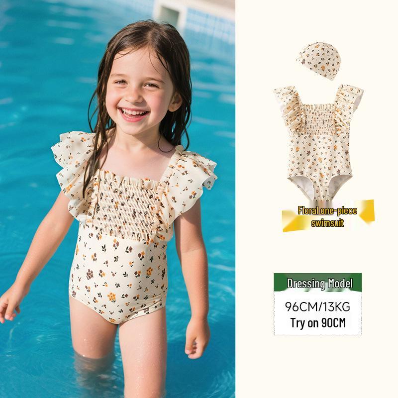 

Летний кружевной милый детский слитный купальник с короткими рукавами, 2025 120 абрикосовый