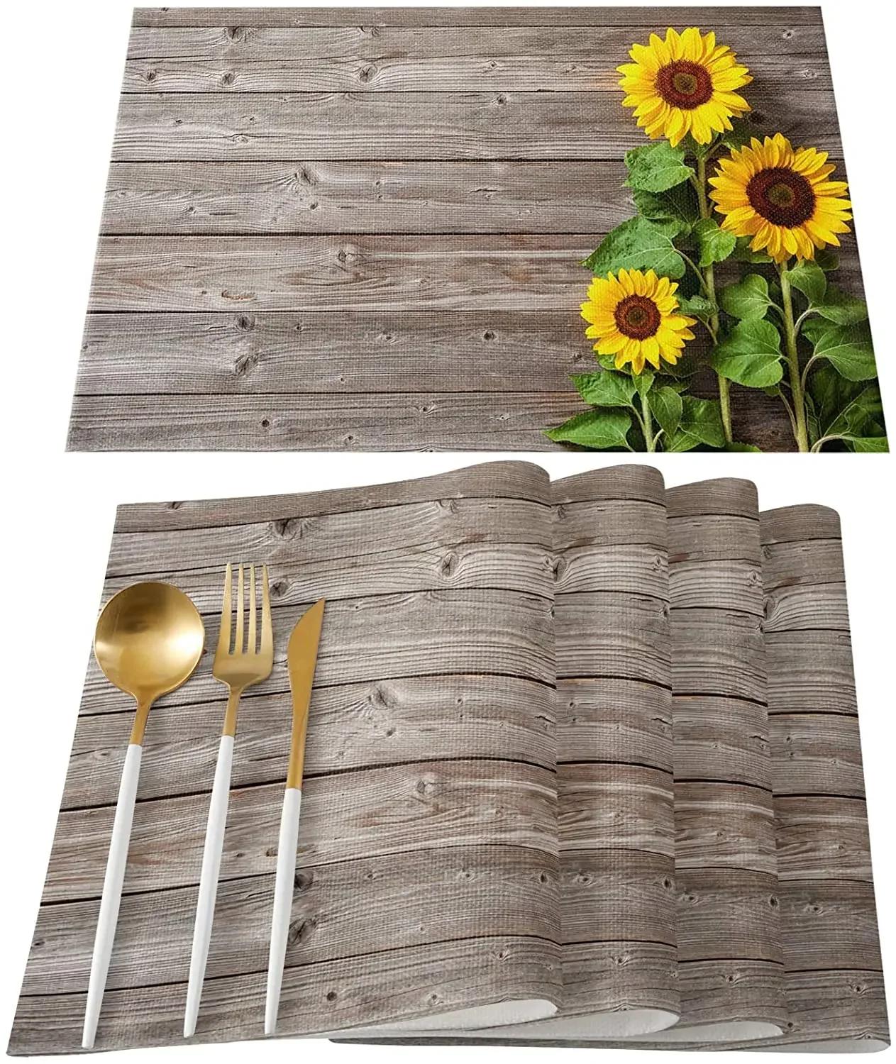 

Farmhouse Sunflower Placemat Set, Vintage Yellow Flowers on Wood Placemats for Kitchen Dining Table Wedding Banquets Decor Mats 2pcs 30x45cm