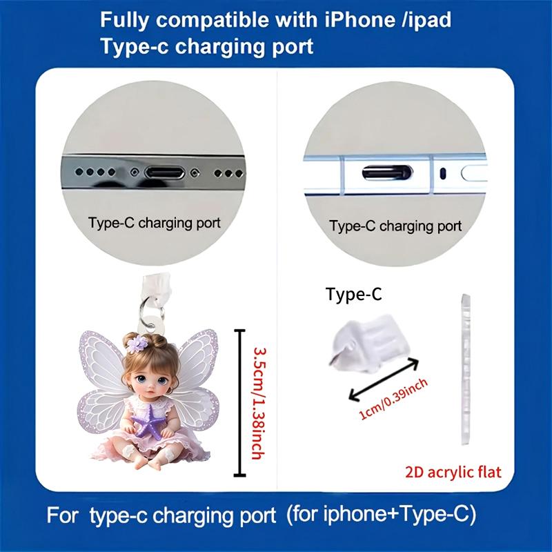 1 stk. For telefon grensesnitt støvplugg hengende dekorasjon 2D flat akryl engel fe katt telefon støvplugg dekorativt tilbehør