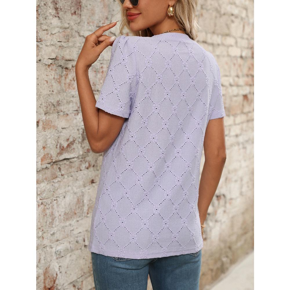 Ny sommer topp med rund hals og korte ermer med blomsterjacquard og knapper for kvinner