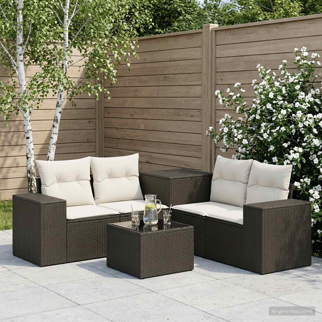 Sofa Set 6 Pieces Black and Cream White Poly Rattan and Steel