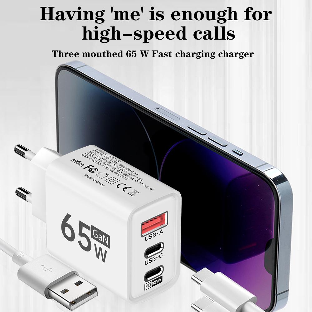 65W 3 Ports GaN USB Charger Type C Fast Charging Phone Charger For iPhone 15 16 Samsung Xiaomi Huawei EU/US Plug Wall Adapter