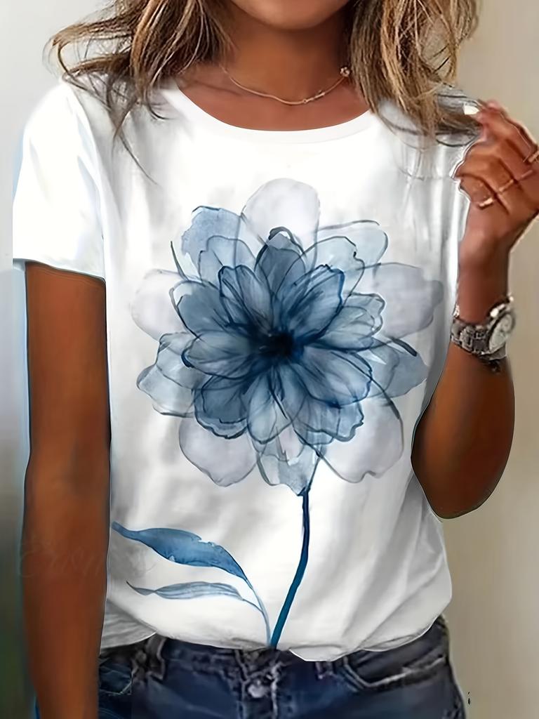 Damen Vintage T-Shirt mit floralem Print - Blaue & Weiße Aquarellblumen, Weiches Stoff-Tee, Damen T-Shirts