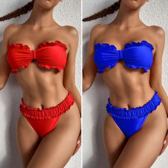 

Ruffle Trim Shirring Wide Elastic Waistband Female Bikini Set Bandeau Bra