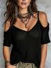 Women S Solid Mesh Cold Shoulder Knit Top Short Sleeve Summer