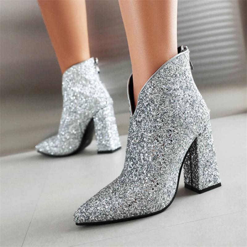 Fashion Sexy Ankle Boots Women Shoes New 2024 Luxury Sequined Gold Silver Heeled Short Boot Dance Party Wedding Shoes Lady Large Size 44