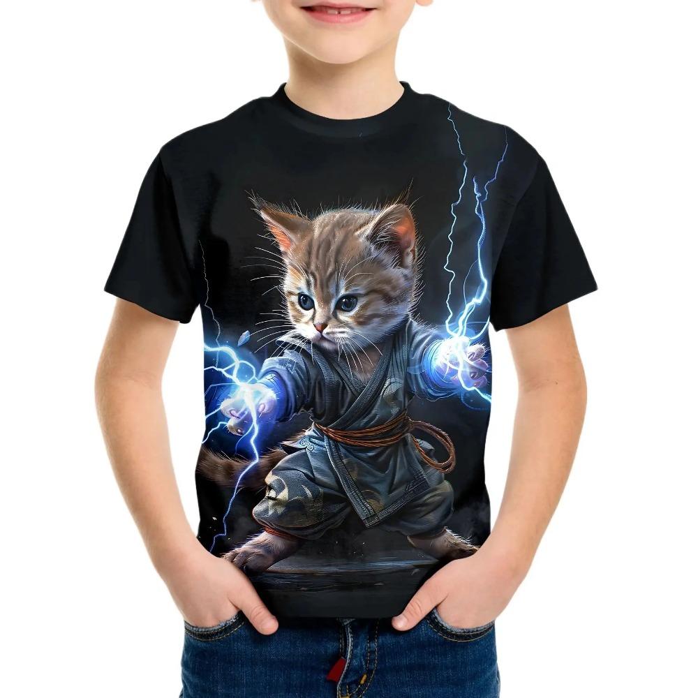 Children Clothes Girl Boys T-shirt Summer Fashion 3D Cat Print Cartoon Casual Fun Comfortable Round Neck Short Sleeve T-shirt