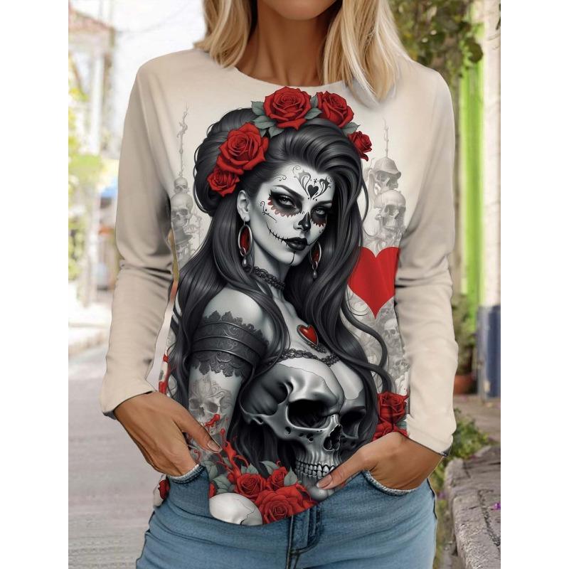 Sugar Skull Pattern Womens Long Sleeve Shirt Day of the Dead Shirts Summer 3D Printed Tops y2k Gothic style Women's Clothing