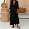 Vintage Long Dress Women Loose Fit V Neck 3/4 Sleeve Front Buttons Split Hem Maxi Dress Casual Work Vacation Solid Color Dresses