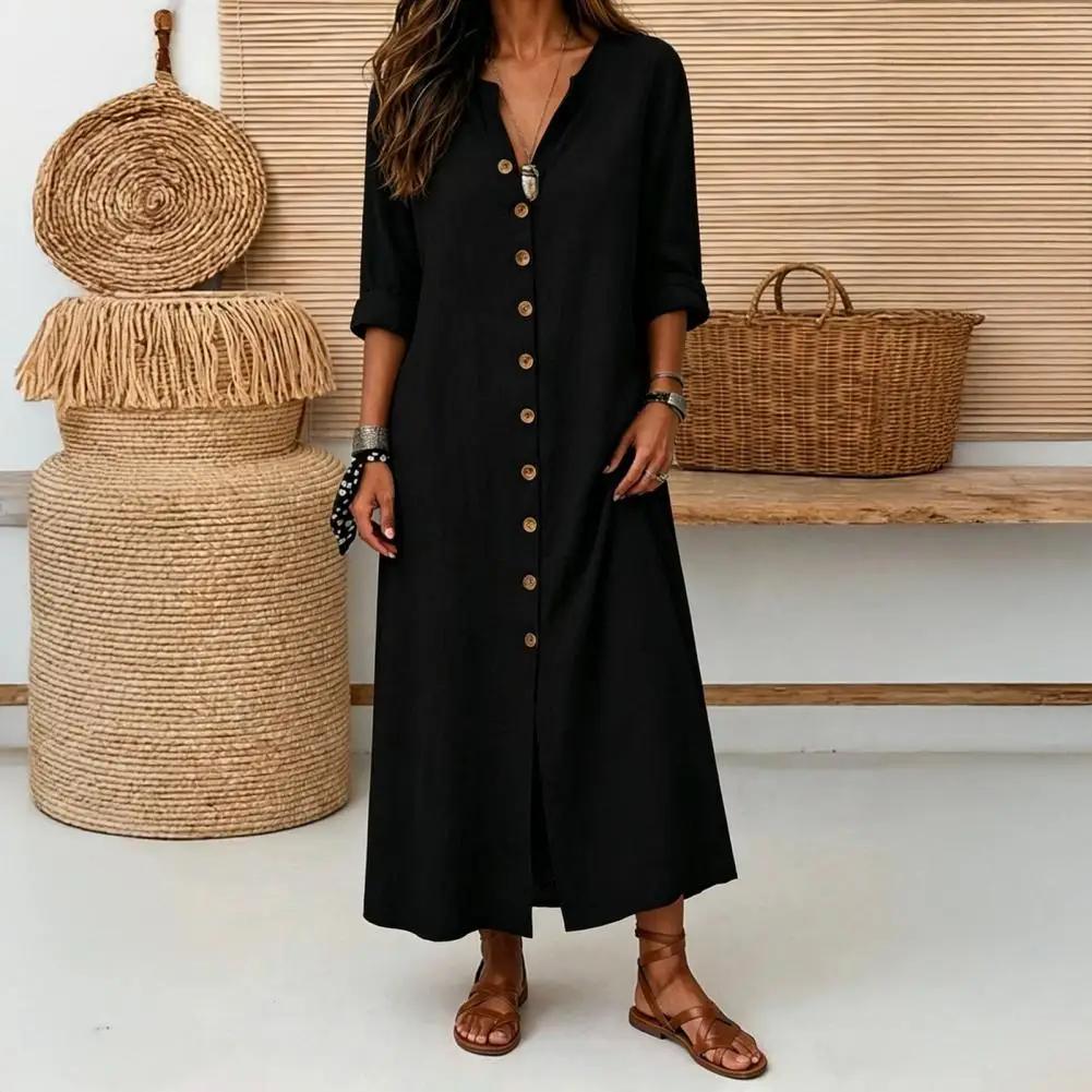 Vintage Long Dress Women Loose Fit V Neck 3/4 Sleeve Front Buttons Split Hem Maxi Dress Casual Work Vacation Solid Color Dresses