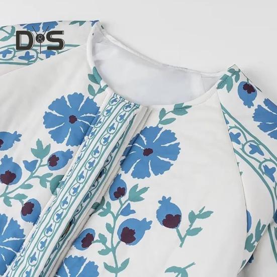 Damen Steppjacke Blumendruck Pufferjacke Langarm Rundhals Button Down Oberbekleidung Mantel mit Gürtel