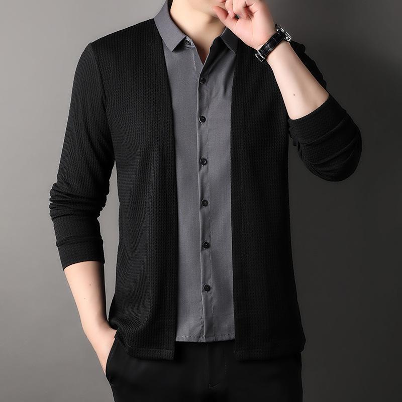 Autumn Solid Color Korean Style Men's Fake Two-piece Knitted Cardigan Long-sleeved T-shirt Versatile T-shirt Men's Clothing