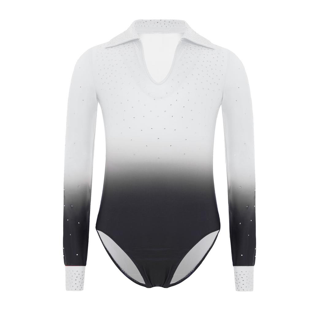 Boys Gymnastics Dance Leotard Turn Down Collar Long Sleeve Shiny Rhinestones Gradient Color Bodysuit