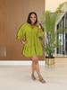 TW748 Casual V-neck Loose Waist Pleated Dress with Three-quarter Sleeves and Wide Hem for Women