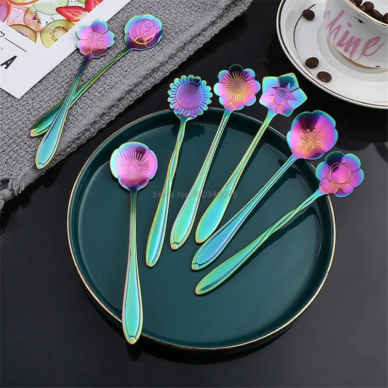 8Pcs Creative Coffee Spoon Stainless Steel Colorful Stirring Milk Teaspoon Dessert Ice Cream Spoon Tableware Flowers Design