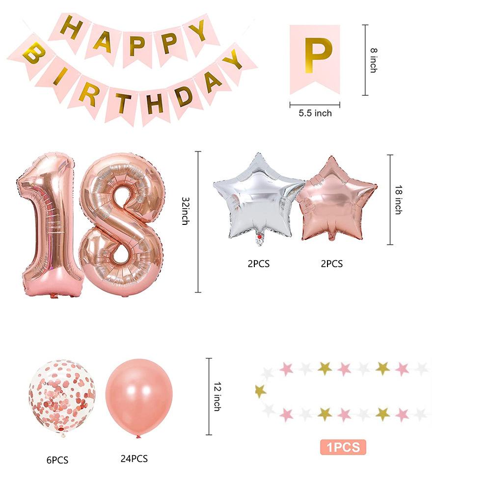 18-Year-Old Rose Gold Birthday Balloon Set, Large Birthday Fishtail Flag Balloon Star Latte Party Supplies