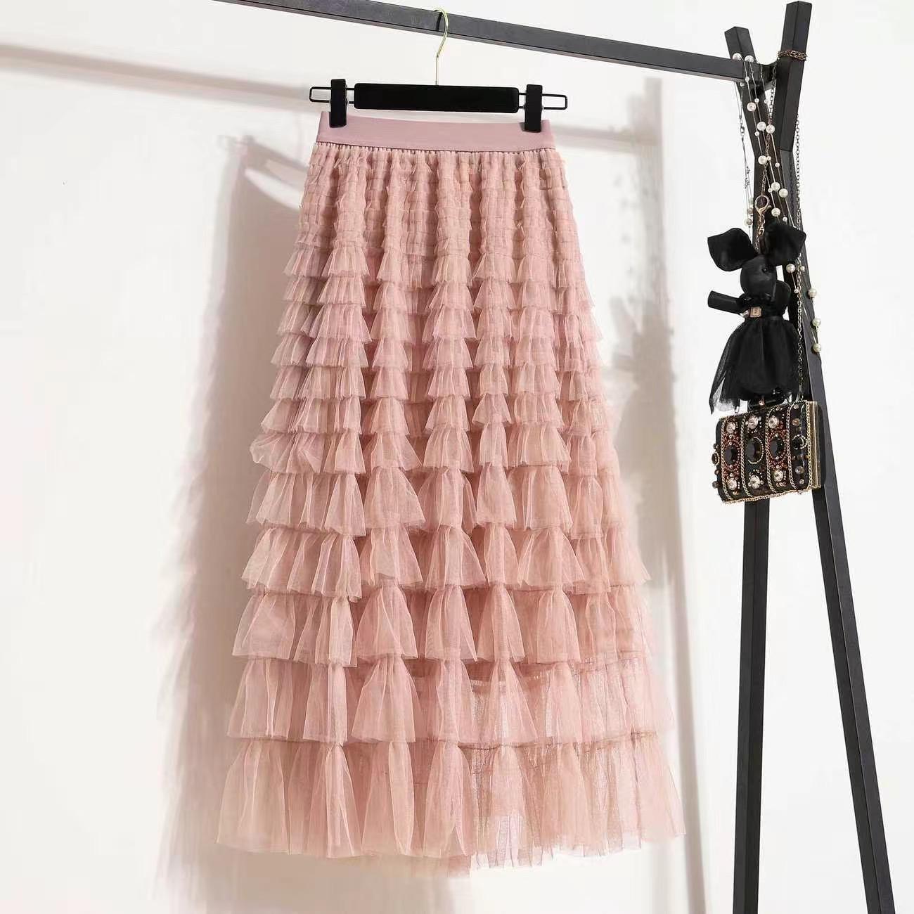 

Осенняя сетчатая пышная длинная юбка в корейском стиле, элегантное винтажное бальное платье с эластичной резинкой на талии и высокой талией, газовая тюлевая юбка розовый