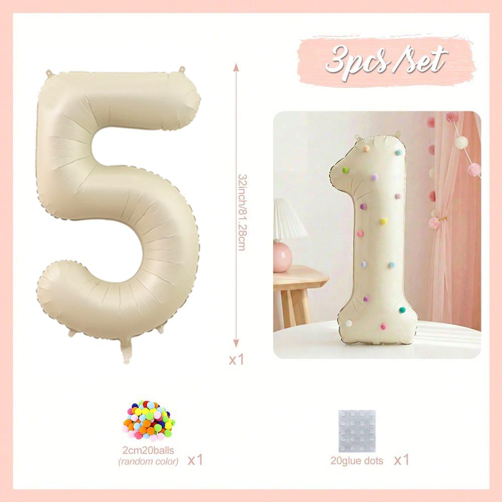32 Inch Aluminum Foil Balloons, Milky White Numbers 0-9 for Birthday Party Decoration, 20 Plush Balls for Celebrating Birthdays