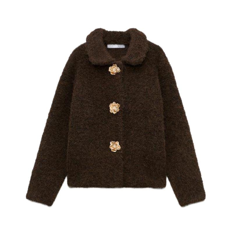 Spring New Women clothes French style Flower Shape Decorated Row Button Artificial Fur Effect Knitting Outerwear 9598175
