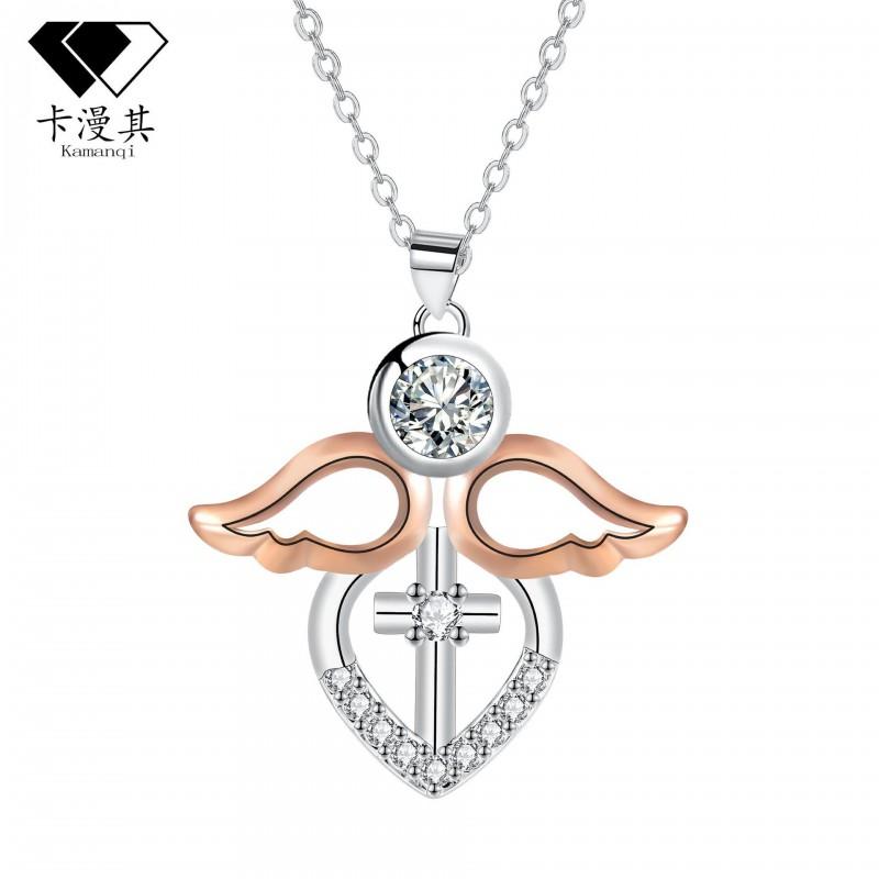 Rose Gold Angel Wing Cross Pendant Necklace Women Fashionable Chain With Copper Charm 41-50cm Length Rose Gold