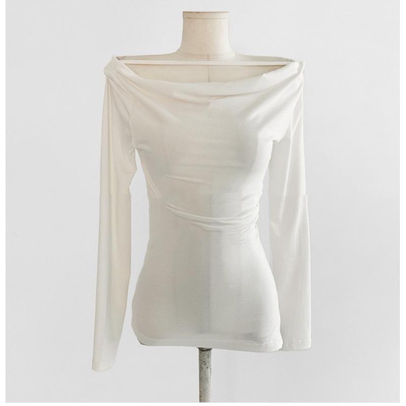 Korean Dongdaemun 2024 Women's Sexy One-Shoulder Slit Slim T-Shirt, Long-Sleeved & Feminine