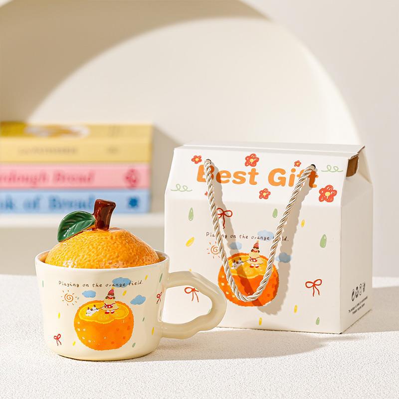 Orange Ceramic Water Cup with Lid - Cute Office Souvenir or Birthday Gift for Home Use