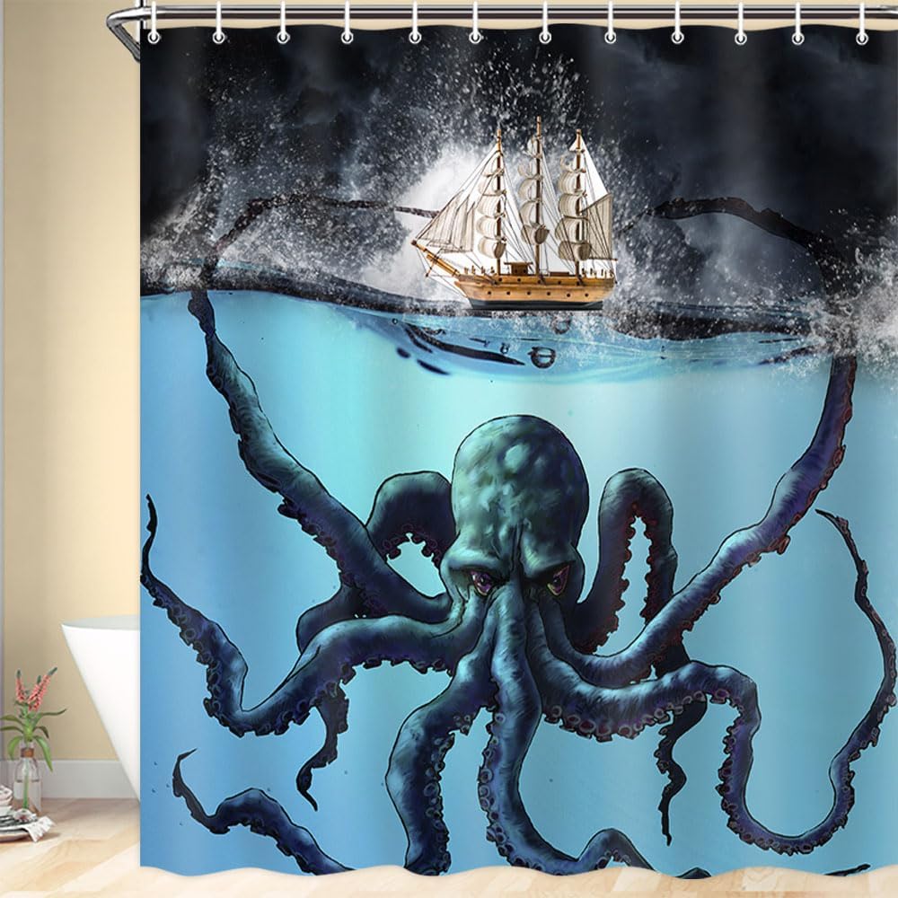 Black Nautical Octopus Shower Curtain Funny Ocean Kraken Tentacles Attack Pirate Ship Cool Bathroom Decor Hooks W60H190(CM)-1 Pcs
