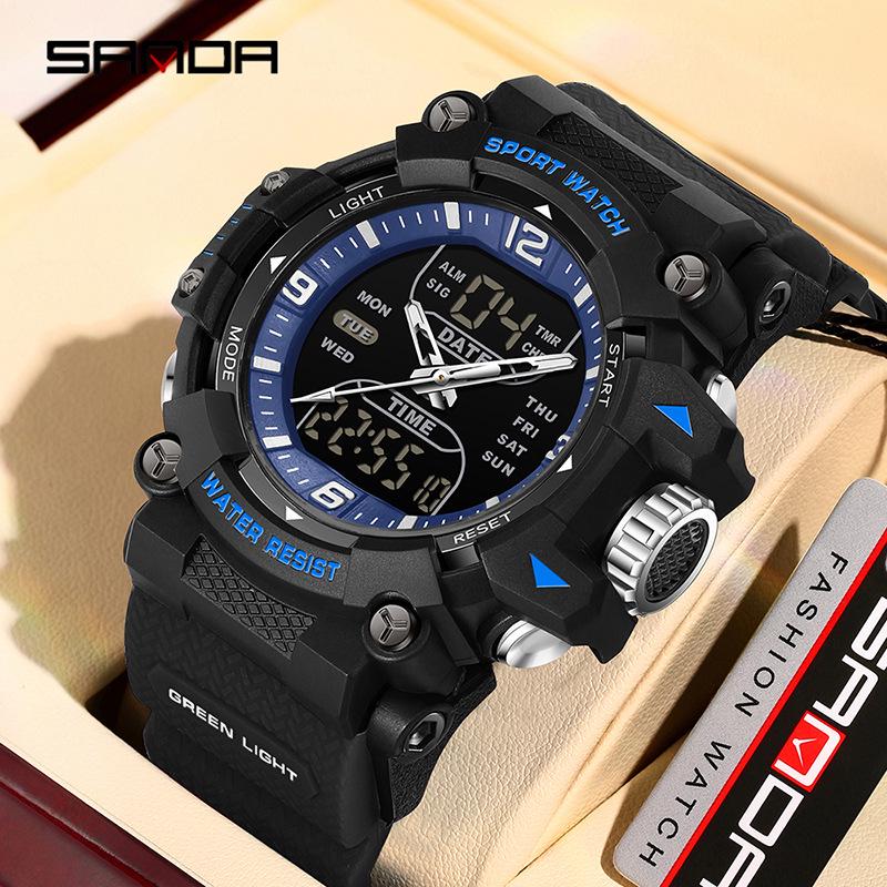 Sanda Dual-Movement Sports Watch with Countdown, Alarm, Night Light, Waterproof, and Multi-Function Features for Students.