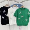 Women's Summer 2025 Butterfly Rhinestone Knitted Top - Ice Silk Short Sleeve, Versatile Round Neck T-Shirt