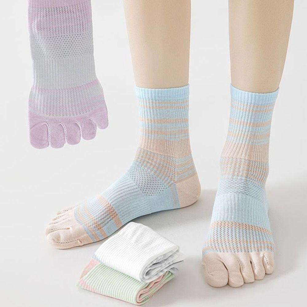 Cotton Mid-calf Socks Breathable Split Toe Socks Patchwork Five Toe Tube Socks Girl
