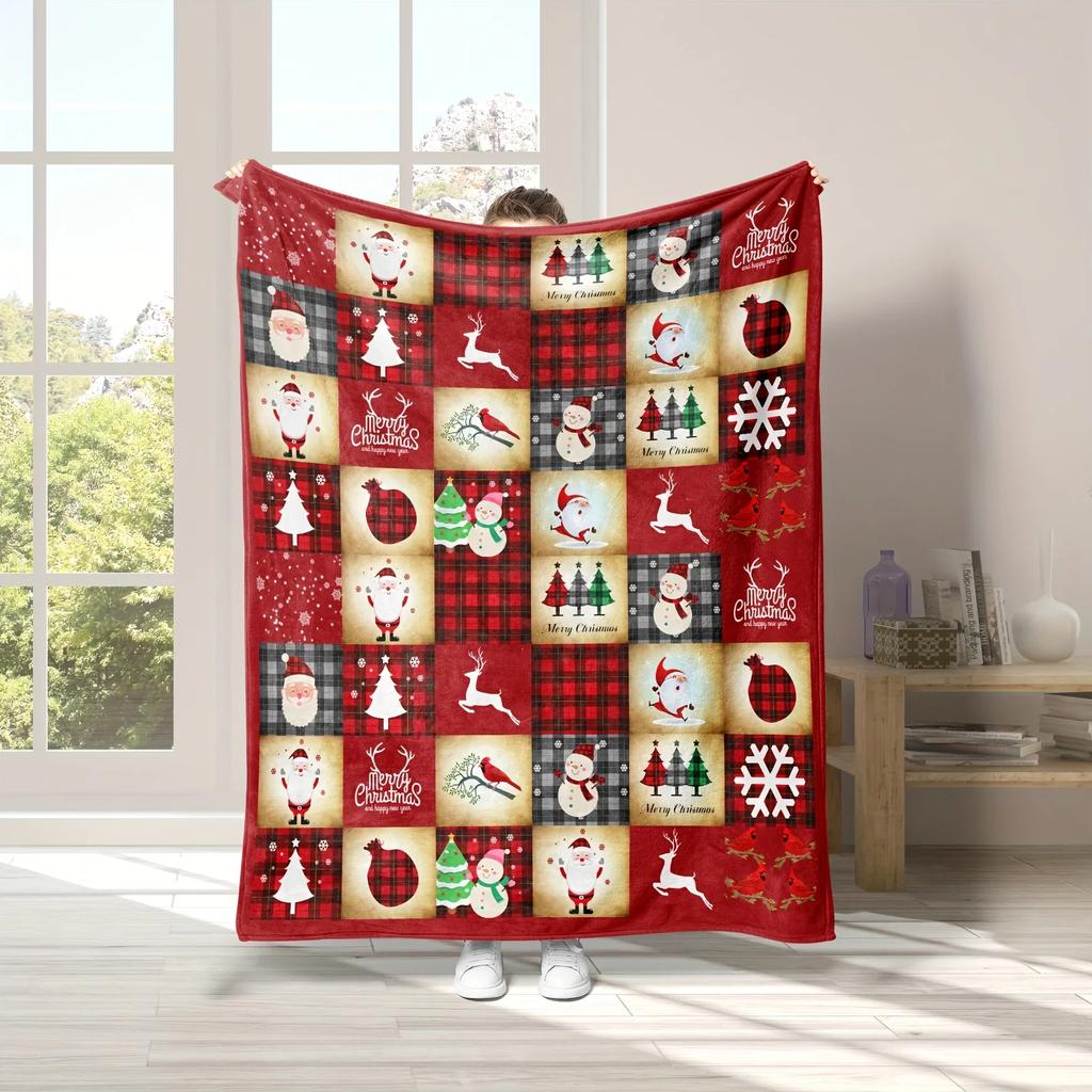 Flannel Blanket – Christmas Theme, Santa Claus, Snowman & Elk Patterns, Printed Gift for Couch, Bed, Sofa, Car, Travel