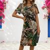 Women Plus Size Brown Green Printed Round Neck Short Sleeve Fitted Dress