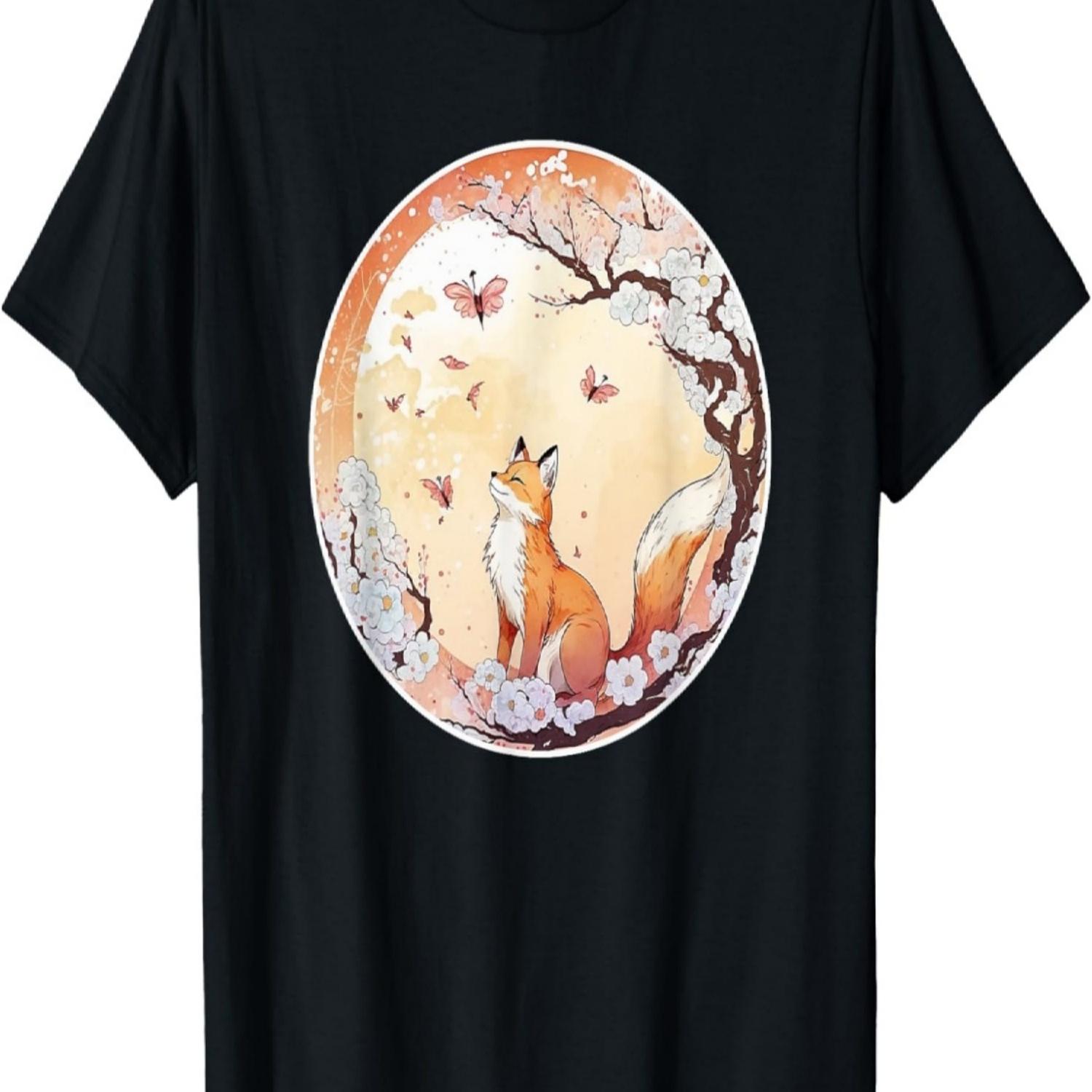 Fox Butterfly Flowers Cherry Blossom T-Shirt S