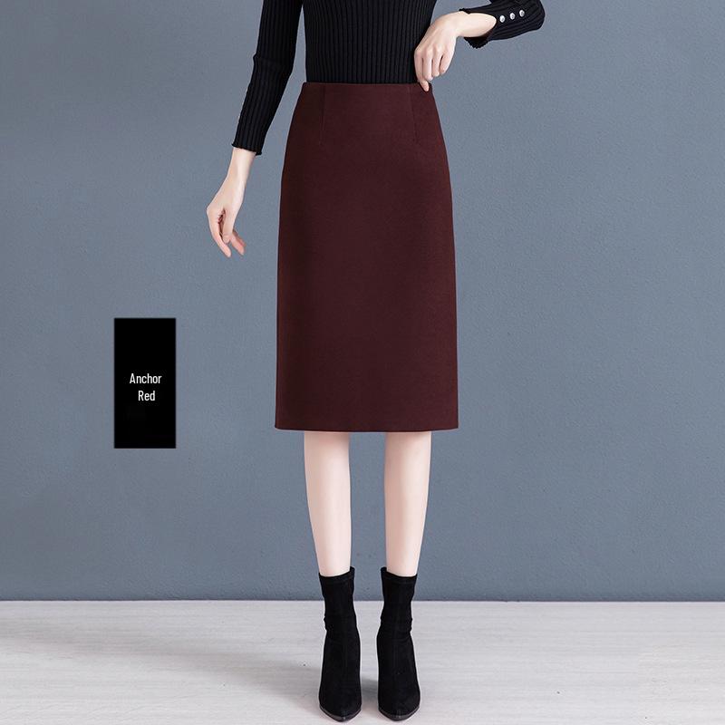 A-line High-Waisted Wool Blend Midi Skirt for Women - Slimming, Hip-Hugging, Thigh-Covering, Autumn/Winter 2025 Style.