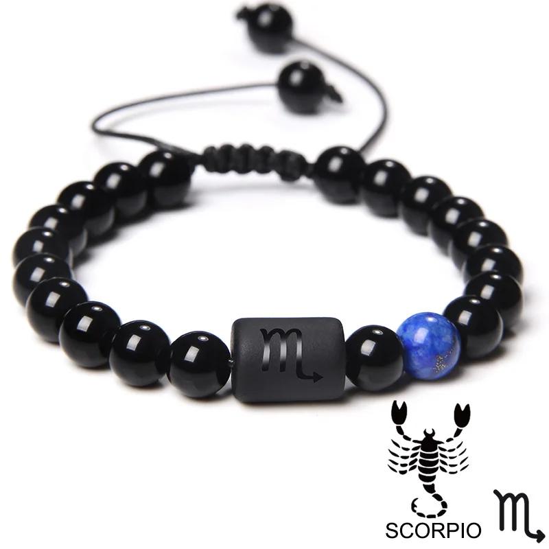 12 Constellation Zodiac Signs Bracelet Black Onyx Beads Cancer Leo Onyx Braided Bracelet for Women Men Couples Jewelry Gift