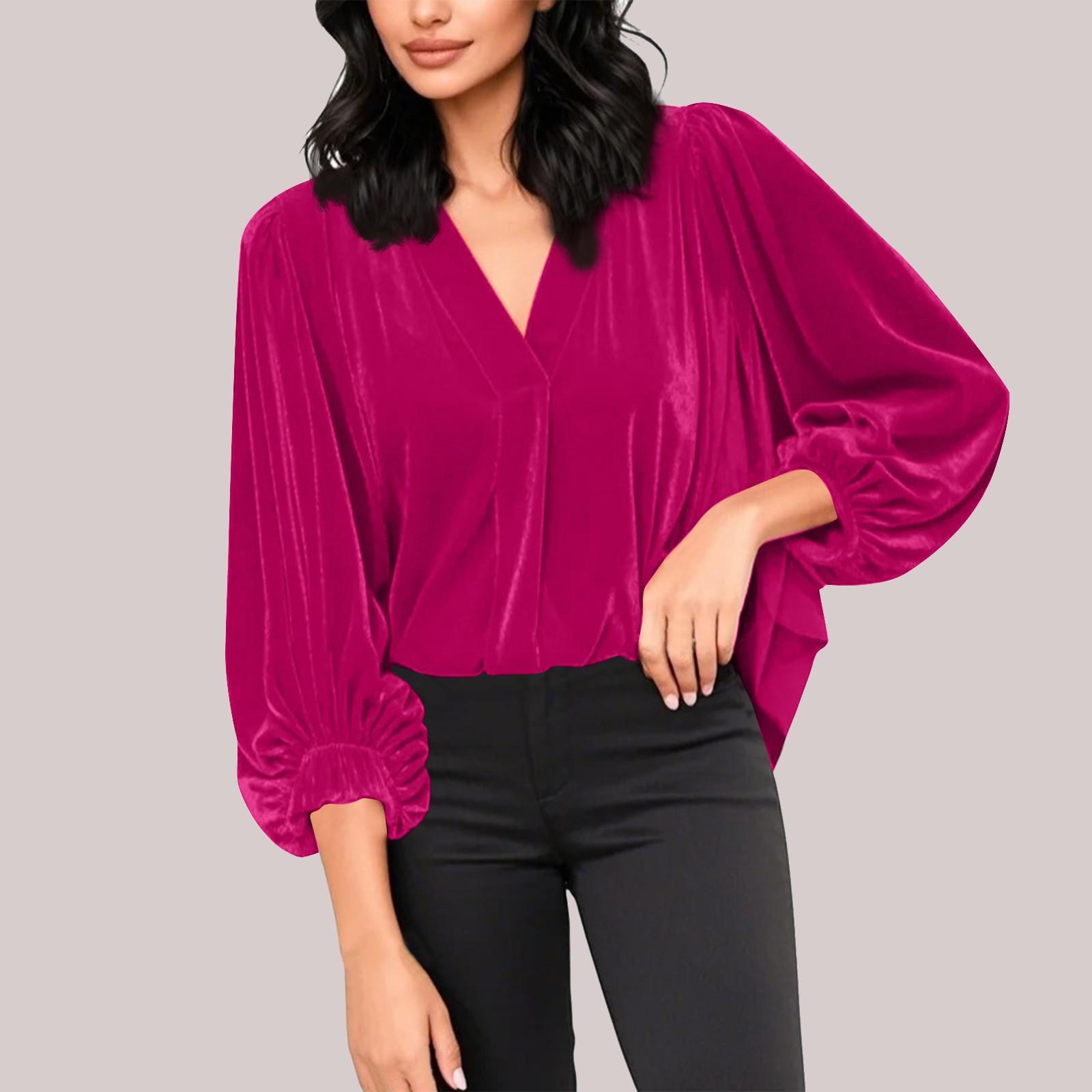 

Жіночі оксамитові топи з V-подібним вирізом і рукавами-пуфами, осінь-зима, модні ошатні повсякденні вільні святкові туніки для різдвяної вечірки XXL гарячі рожевого кольору