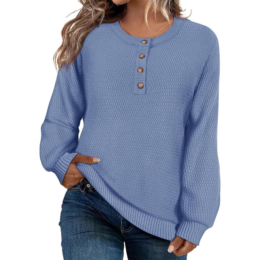 Women's Loose-Fitting Solid-Color Button-Up Long-Sleeved Round-Neck Pullover Knit Sweater Top