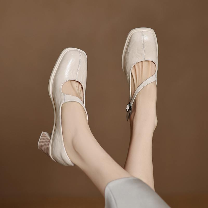 Krazing Pot Sheep Skin Spring Summer Size 41 Chunky Heels Women Square Toe Mary Janes