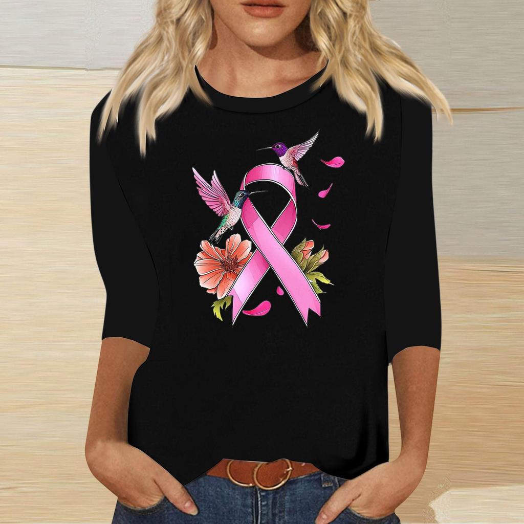 Women's Casual Round Neck Three-Quarter Sleeve Print Blouse with Ribbon and Butterfly Heart Pattern