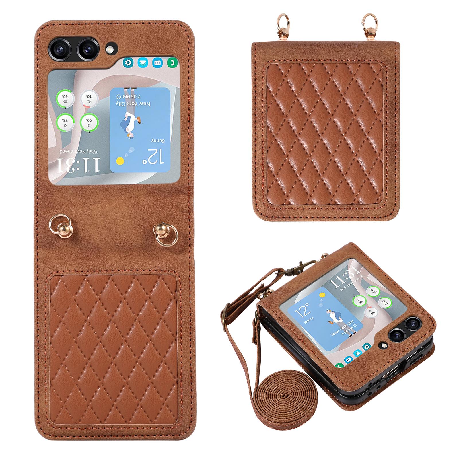 

Grid Imprinted PU Leather PC Case for Samsung Galaxy Z Flip5 5G Protective Phone Shell with Shoulder Strap Brown