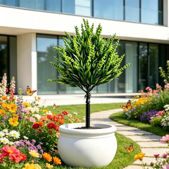 Fake Plants Outdoor Artificial Shrubs Plastic Greenery Leaves Bushes with Ground Stake for Patio Lawn Home Garden Office Decor