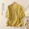 Women's White Linen Blouse Half Sleeve V-Neck Embroidered Floral Casual Top