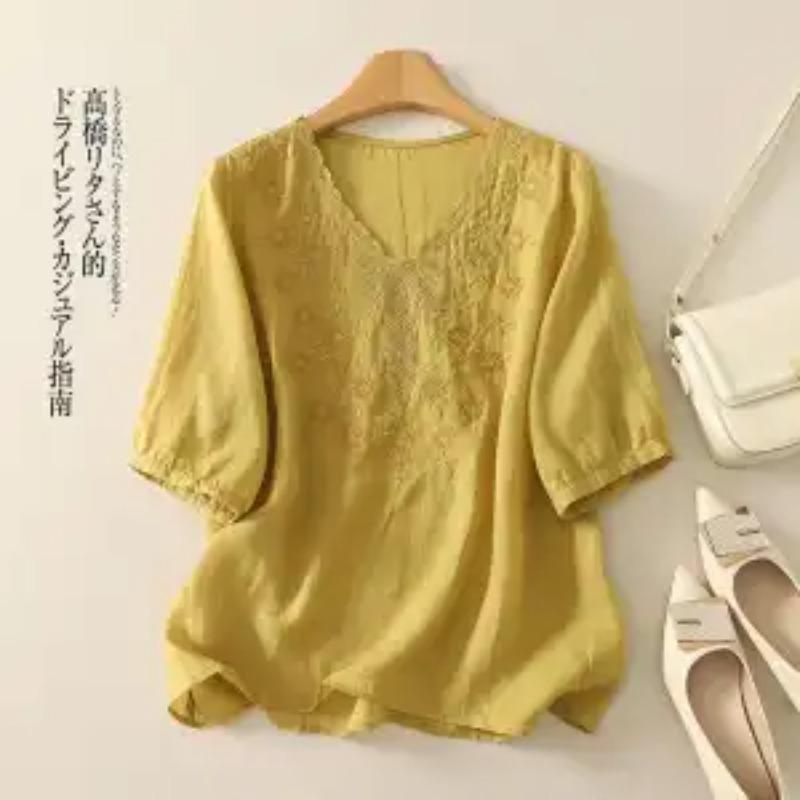 Women's White Linen Blouse Half Sleeve V-Neck Embroidered Floral Casual Top