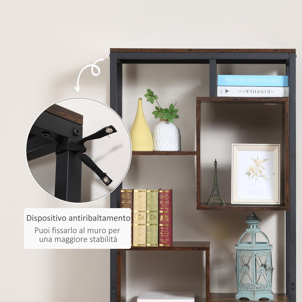 Bookcase Shelf Unit In Industrial Style with 2-Door Cabinet, Space-Saving 8-Shelf Unit for Home and Office, 70x30x180cm, Brown