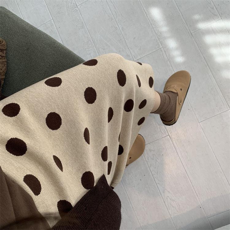 Pencil Skirt Women's Fashionable Polka Dot Knitted Midi Skirt High Waist Slim-Fitting Thickened Slit Skirt