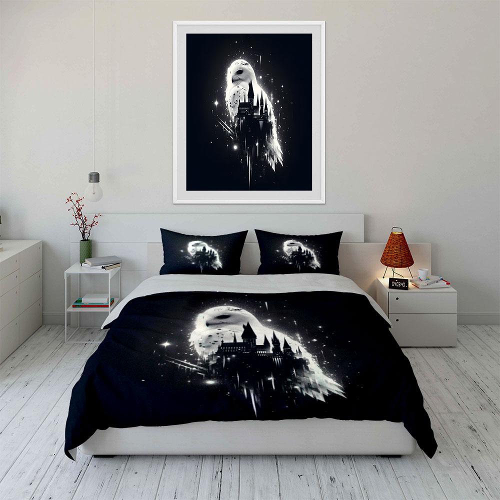 White Owl and Magical Castle Print Bedding Set 1 Duvet Cover 2 Pillowcases for Adult and Children Luxury Gift Full Size