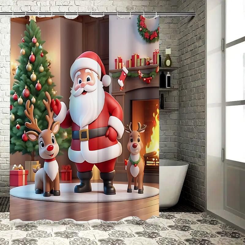 

Santa Claus Reindeer Themed Waterproof Shower Curtain Cartoon Print For Bathroom Shower Stall Decor Waterproof Durable W60H190(CM)-1 Pcs