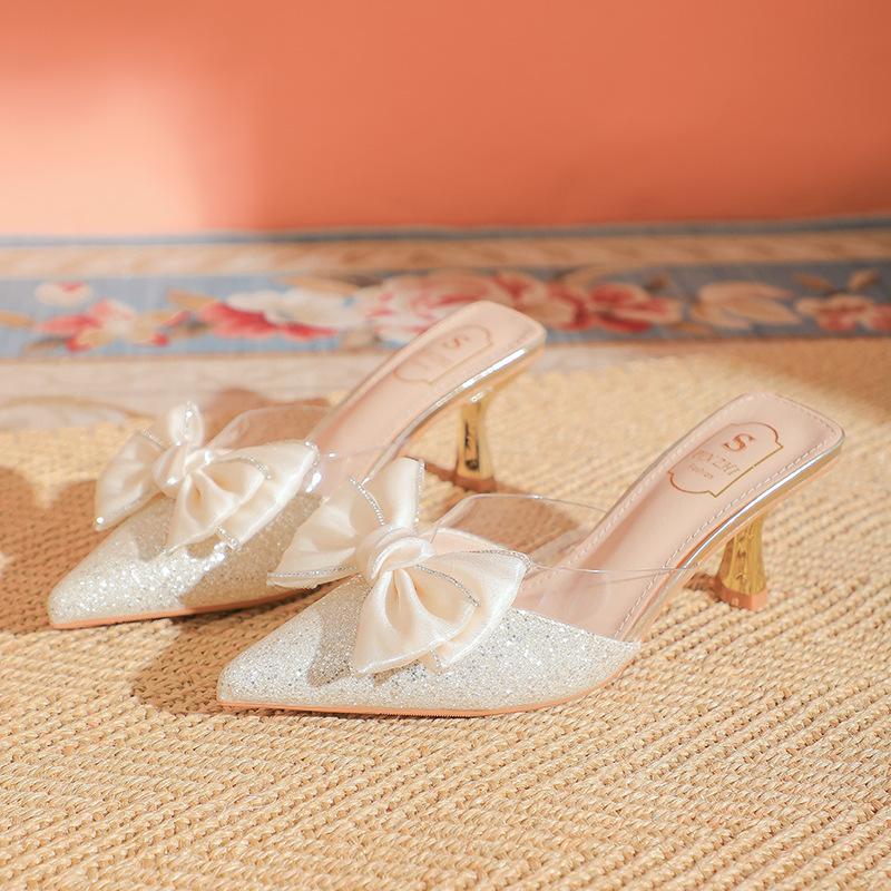Spring and Summer New Bow Rhinestone Pointed Half Slippers Femininity Wear Sandals Stiletto High Heels